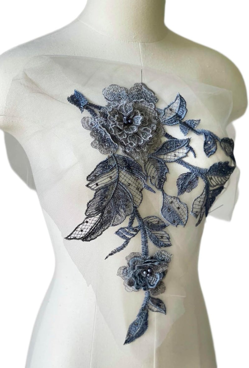 JRYYR Flower Embroidery Applique Patches, Handmade DIY Sew on 3D Flower Appliques for Clothing,Dresses, Dance Costumes, Bags, Home Decor (Gray Blue-B) - Image 5